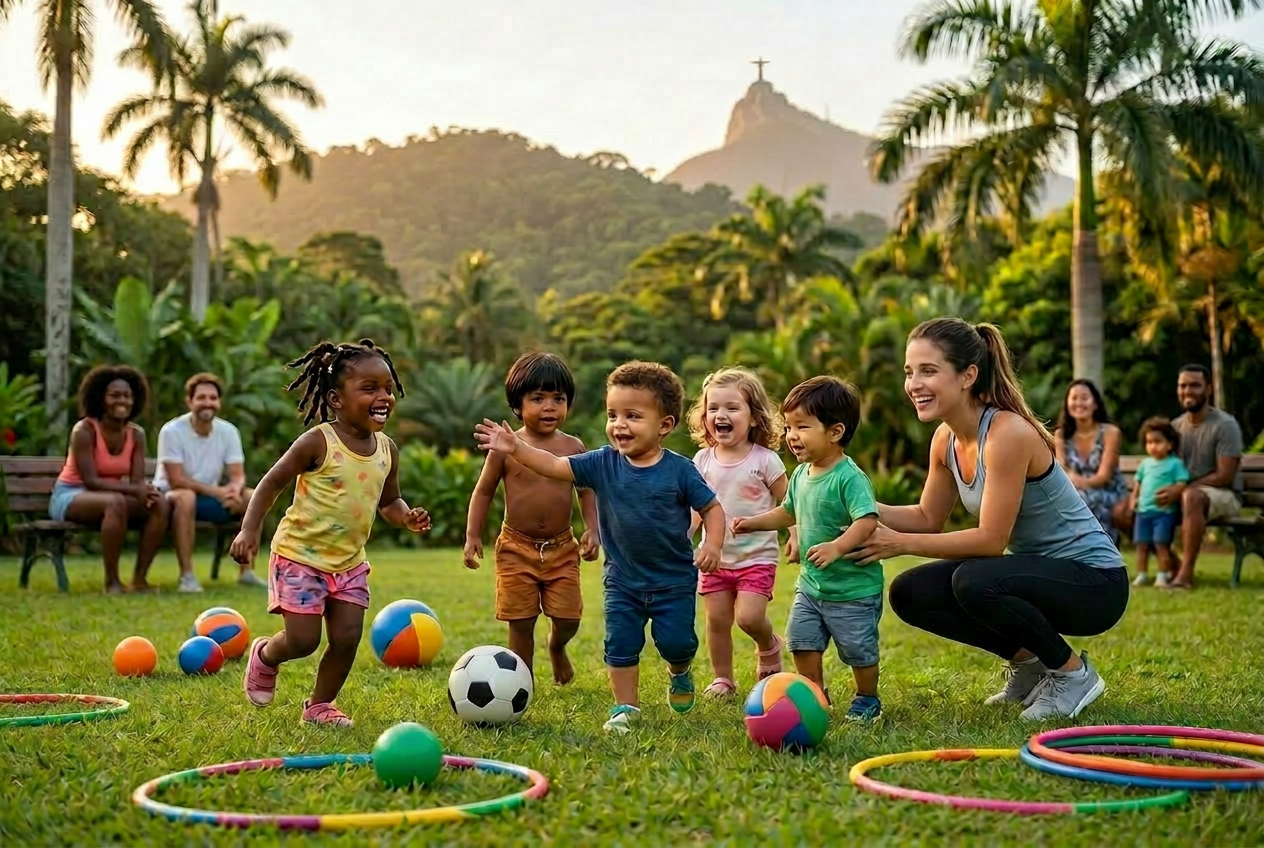 Toddlers and preschoolers playing outdoors in a park with their parents